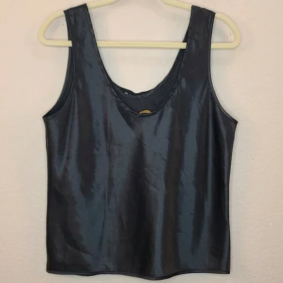 Escapades Top Women Large Black Satin Blouse Tank Embroidered Sleeveless Flowy - Picture 7 of 12